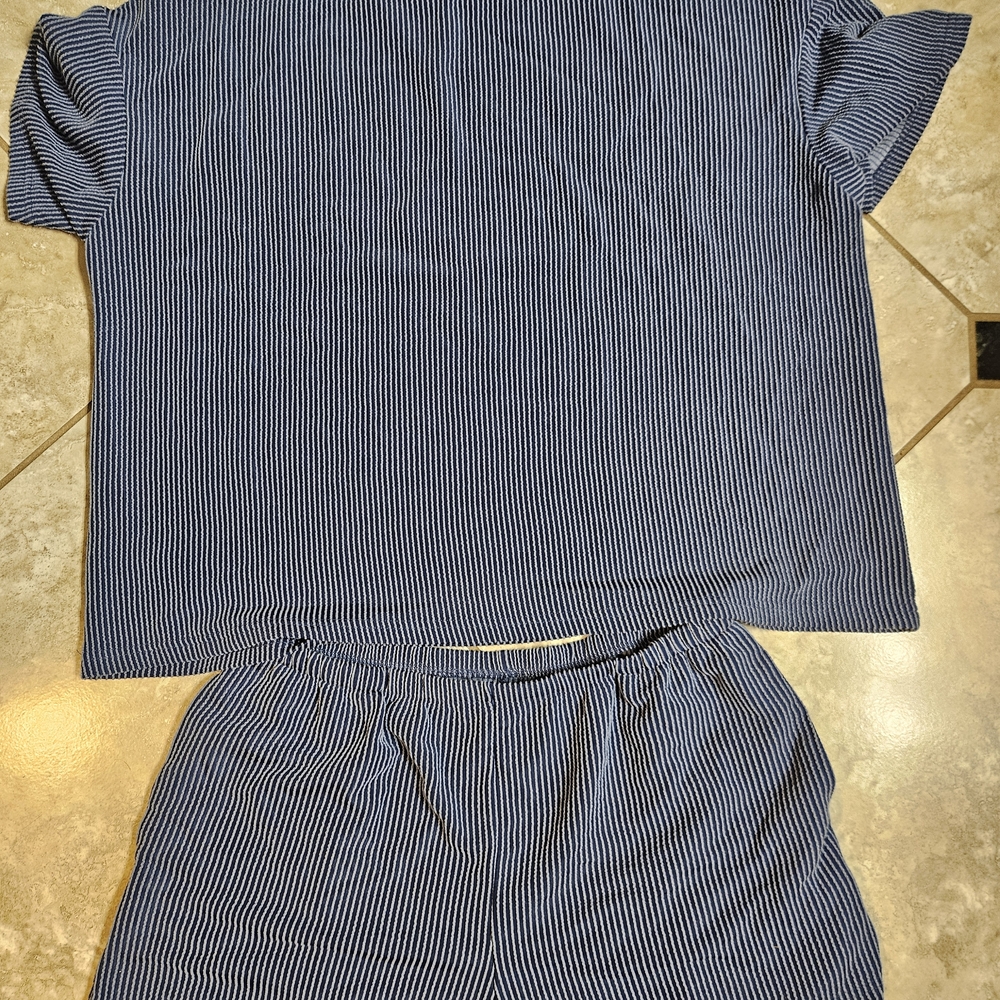 Blue and White Striped Women's Two-Piece Lounge Set - Casual Comfort